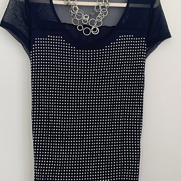 Studded Navy Dressy T-Shirt Round Neck Short Sleeve Lightweight Top XL - Picture 2 of 3
